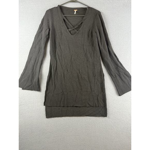 Free People Black Crisscross Side Slit Long Bell Sleeves Tunic Sweater Medium - Picture 1 of 9